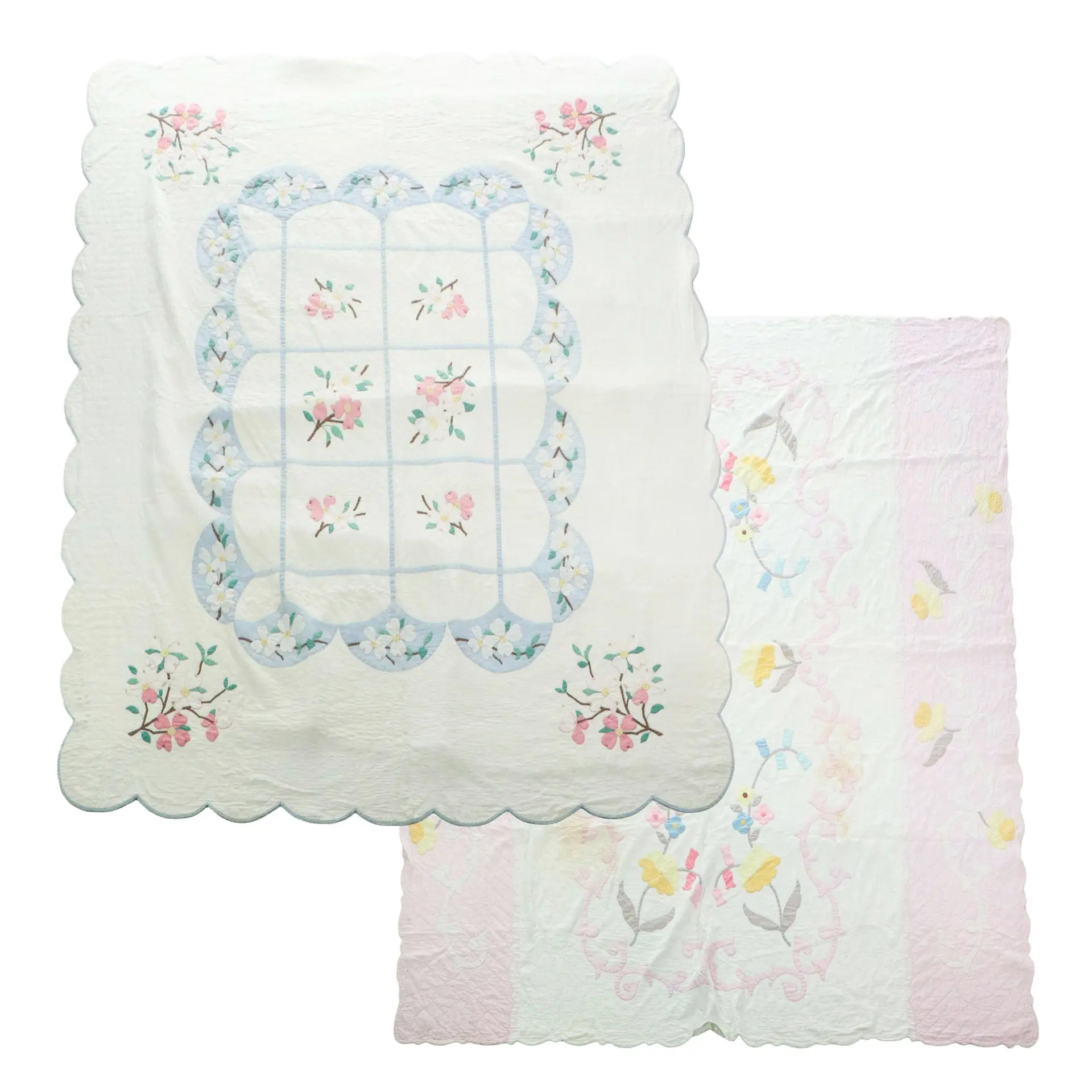 Hand-Appliqué "Dogwood Blossom" and Floral Cotton Quilts, Mid-20th C