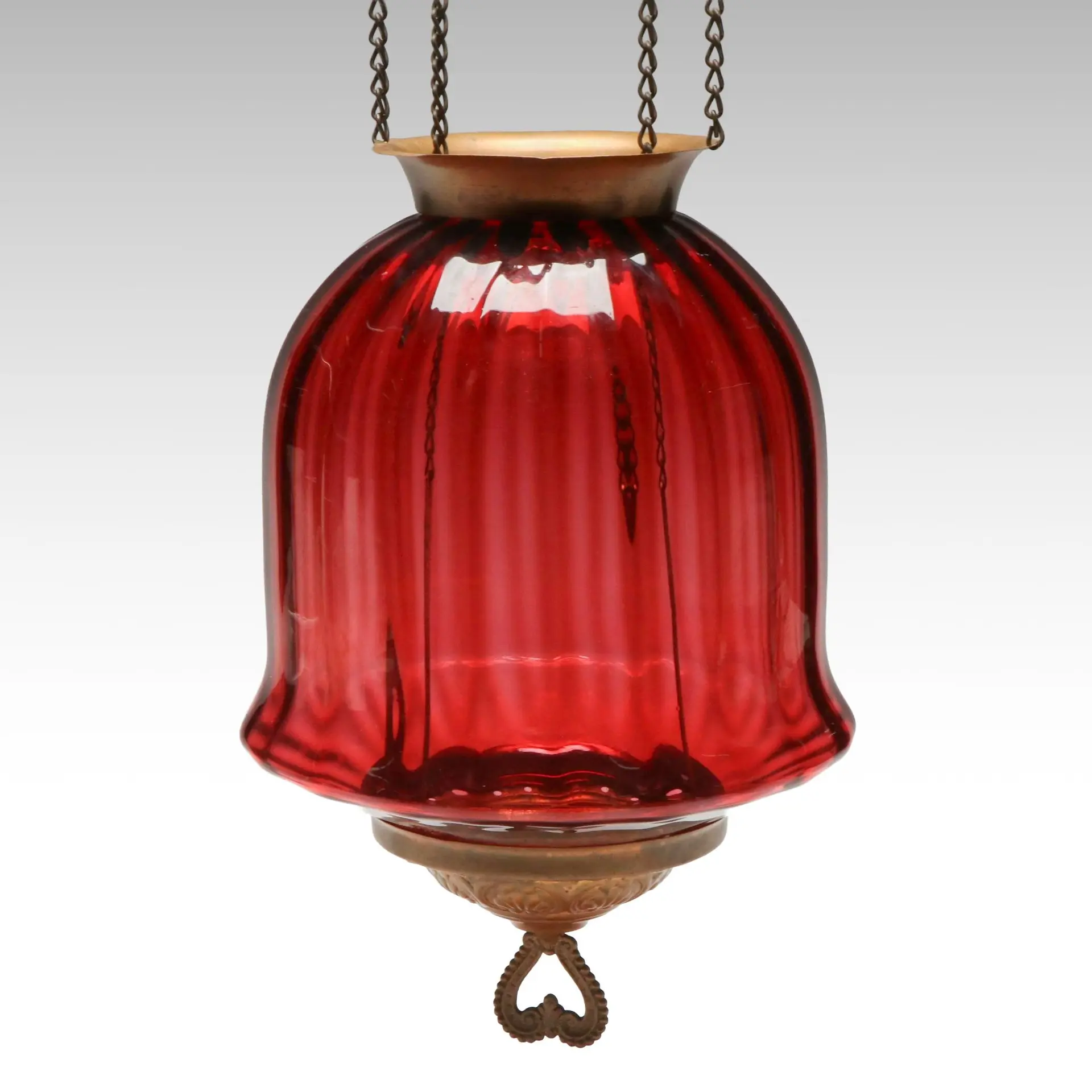 Victorian Cranberry Glass Brass Hall Pendant Partial Lamp, Late 19th C.