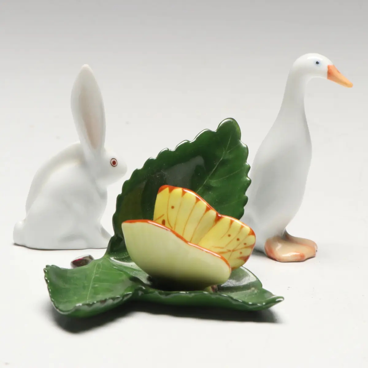 Herend Porcelain Figurines Including "Goose," "Butterfly on Leaf," and Other