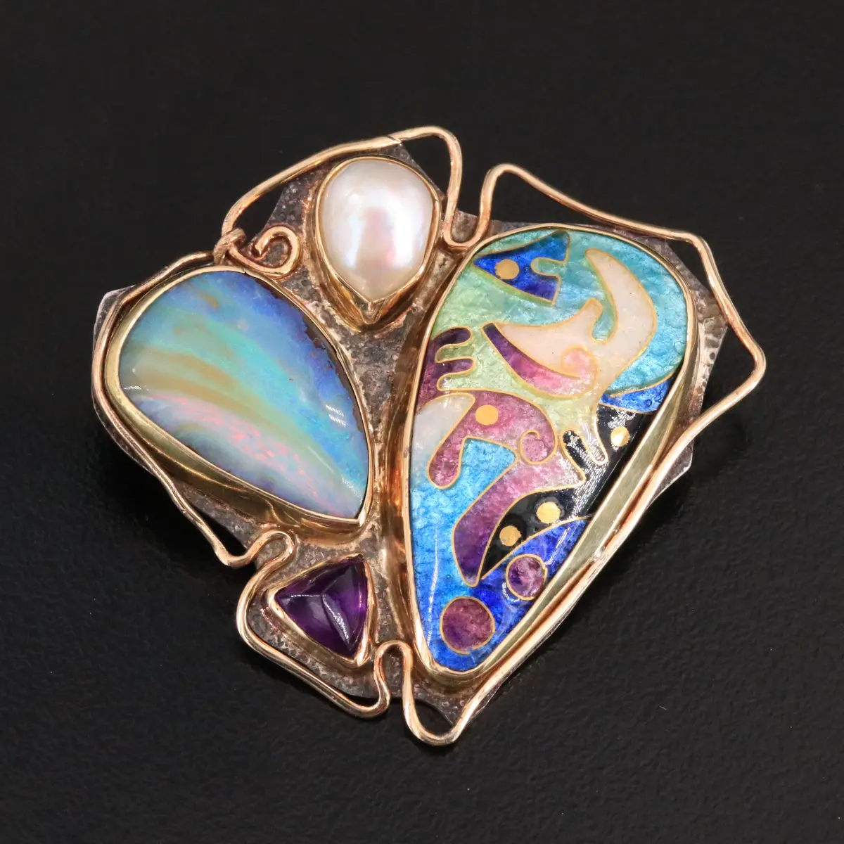 Judy Goskey Sterling, Pearl, Opal & 14K Cloisonné Converter Brooch