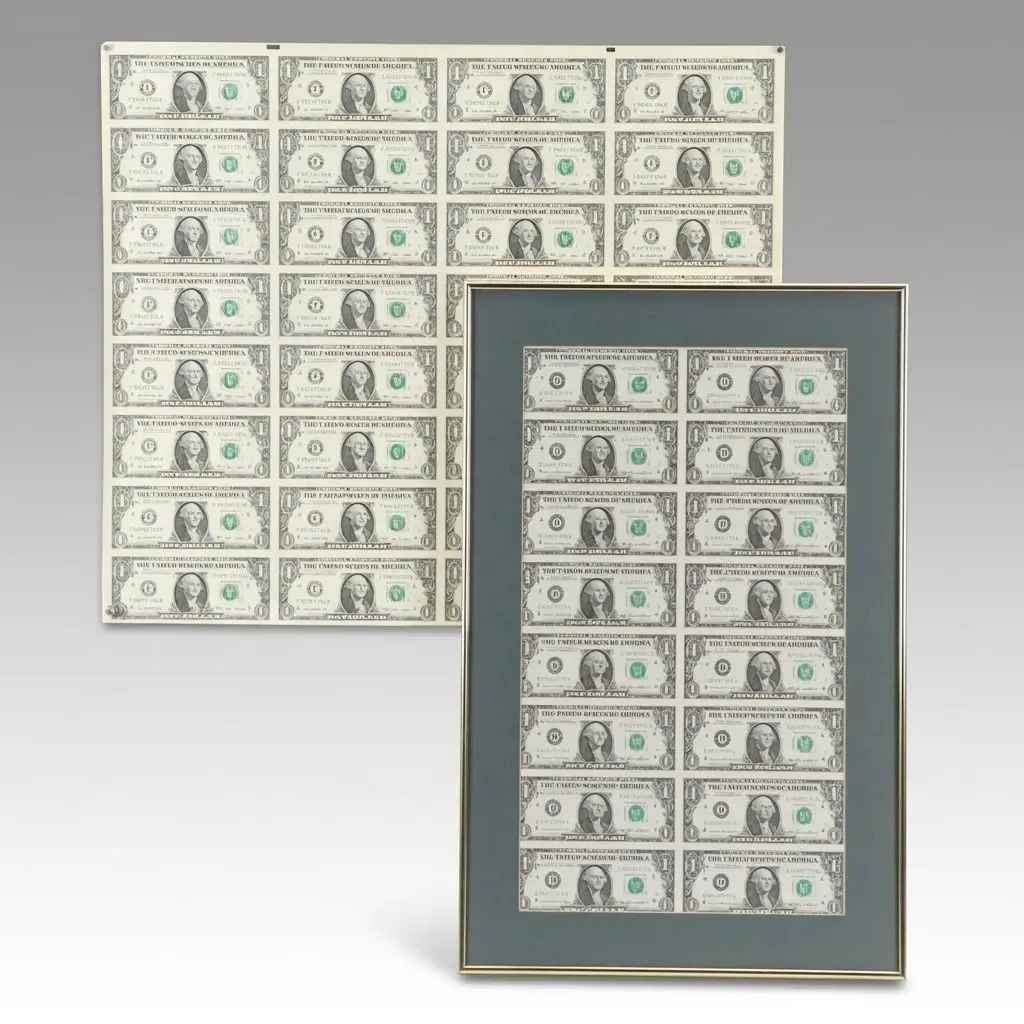 Two Uncut Sheets of U.S. Federal Reserve One Dollar Notes