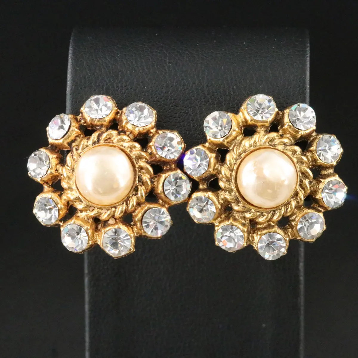 Chanel Glass Pearl and Crystal Clip Earrings Vintage
