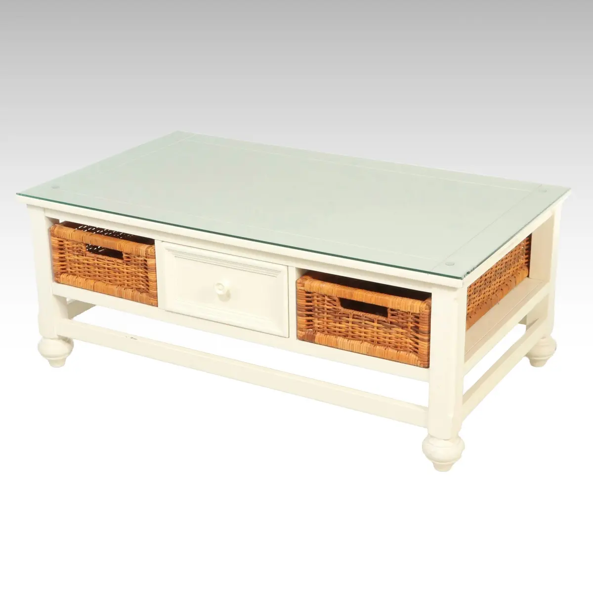 Broyhill Cottage Style White Coffee Table with Glass Top and Wicker Baskets