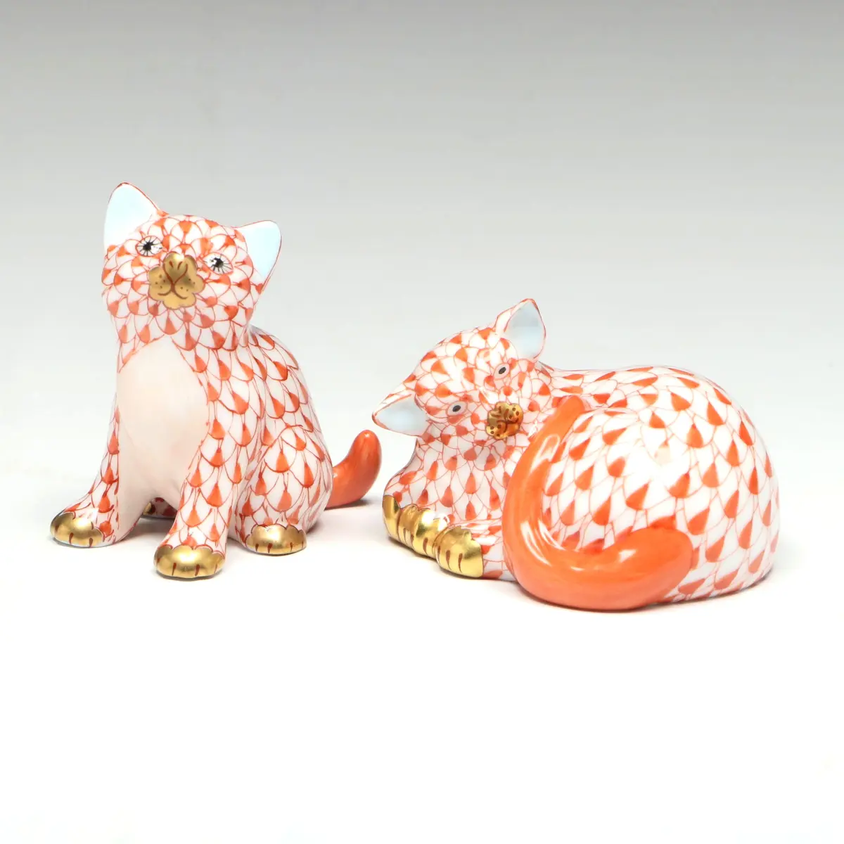 Herend Fishnet Rust with Gold “Sitting Kitty” and Other Porcelain Figurines