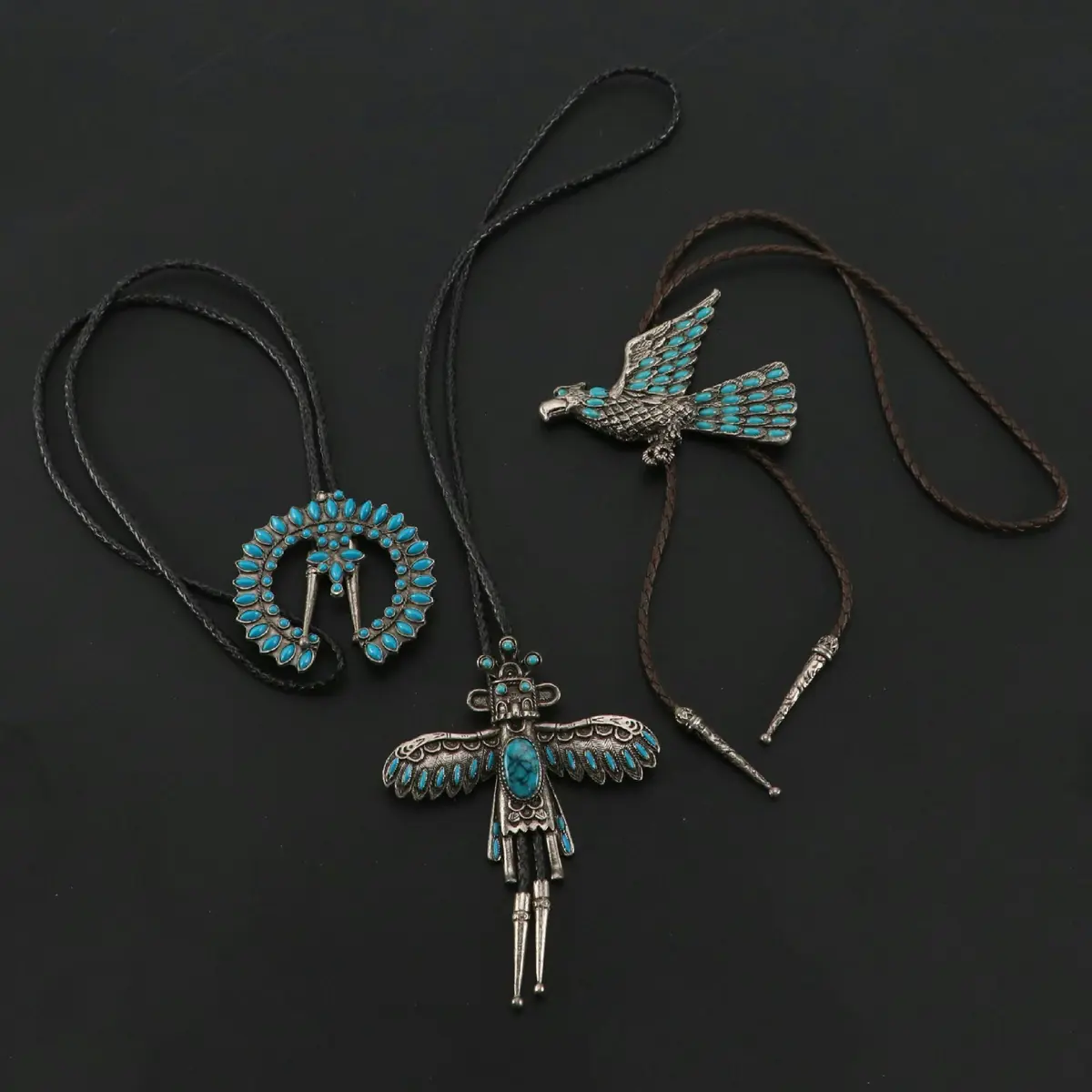 Southwestern Style Squash Blossom Form and Other Imitation Turquoise Bolo Ties