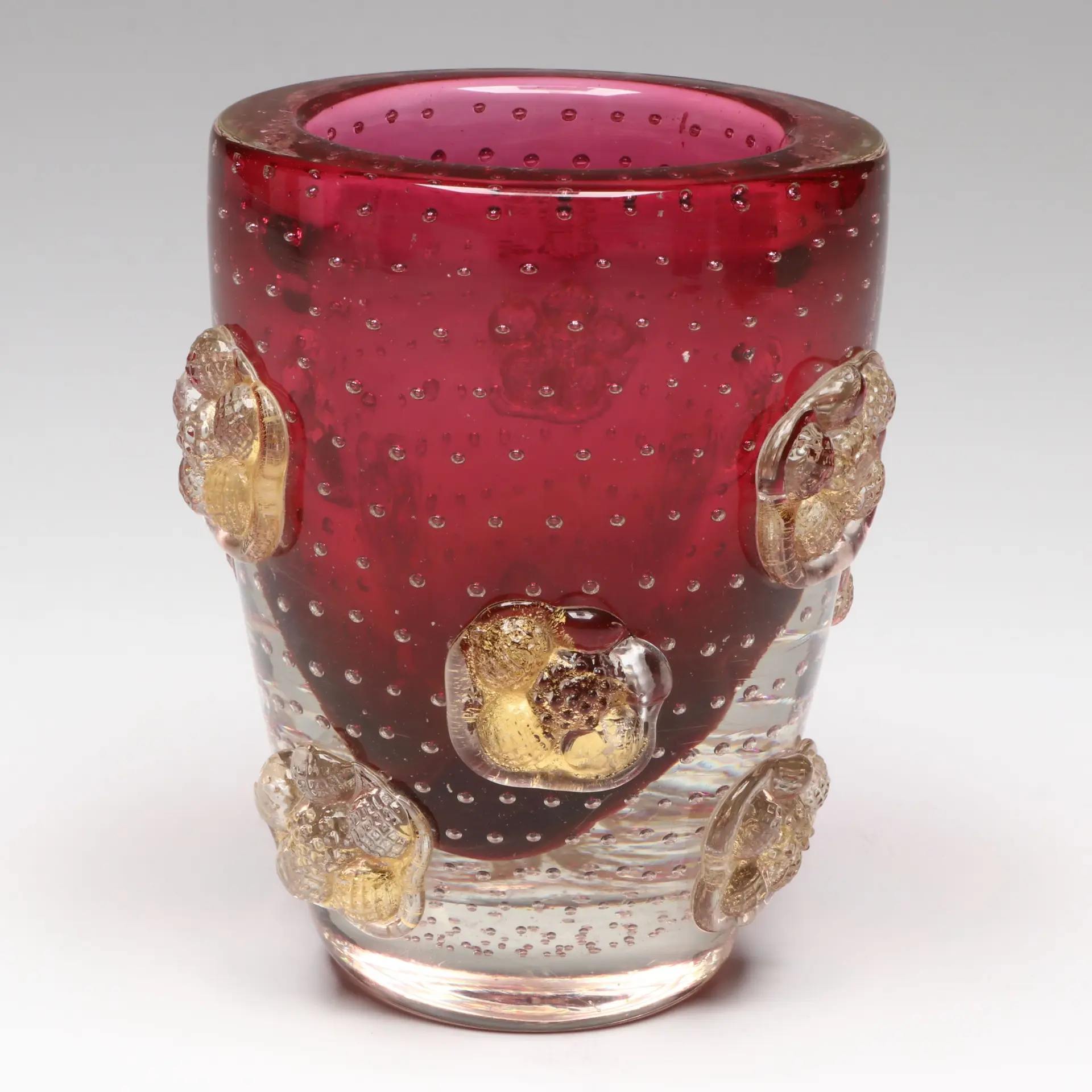 Murano Cranberry Bullicante Glass Vase, Vintage