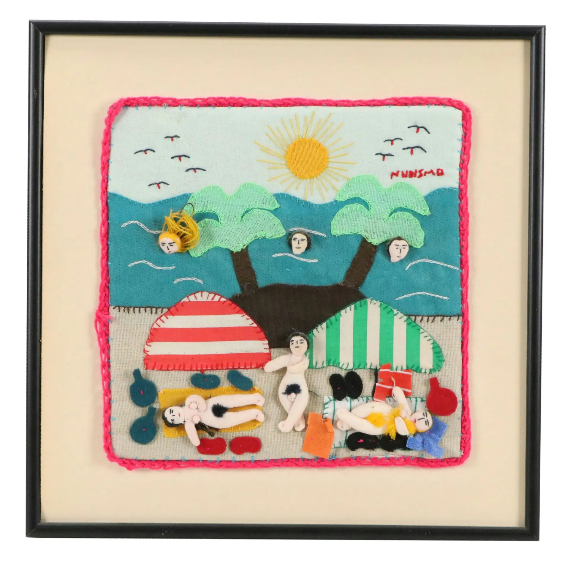South American Handmade Folk Art Arpillera "Nudismo"
