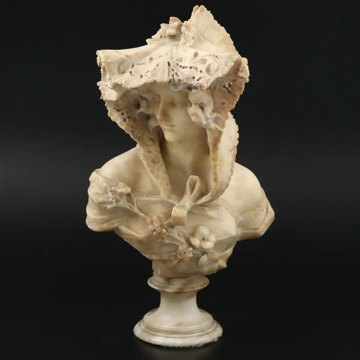 Italian Carved Alabaster Bust of Young Woman Wearing Frilly Bonnet