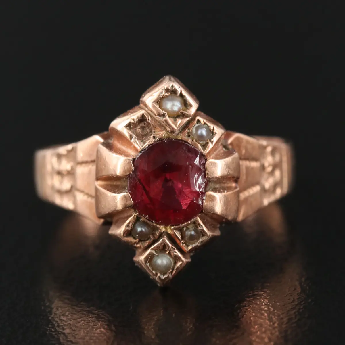 Victorian 10K Rose Gold Garnet and Glass Doublet and Pearl Ring
