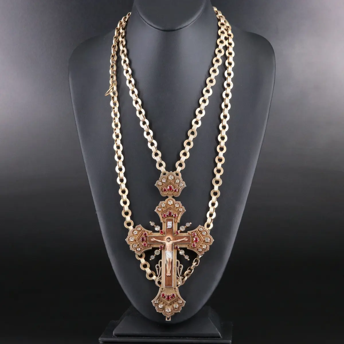 Russian Orthodox 900 Silver Pectoral Cross Necklace w/ Garnet and Glass Doublet
