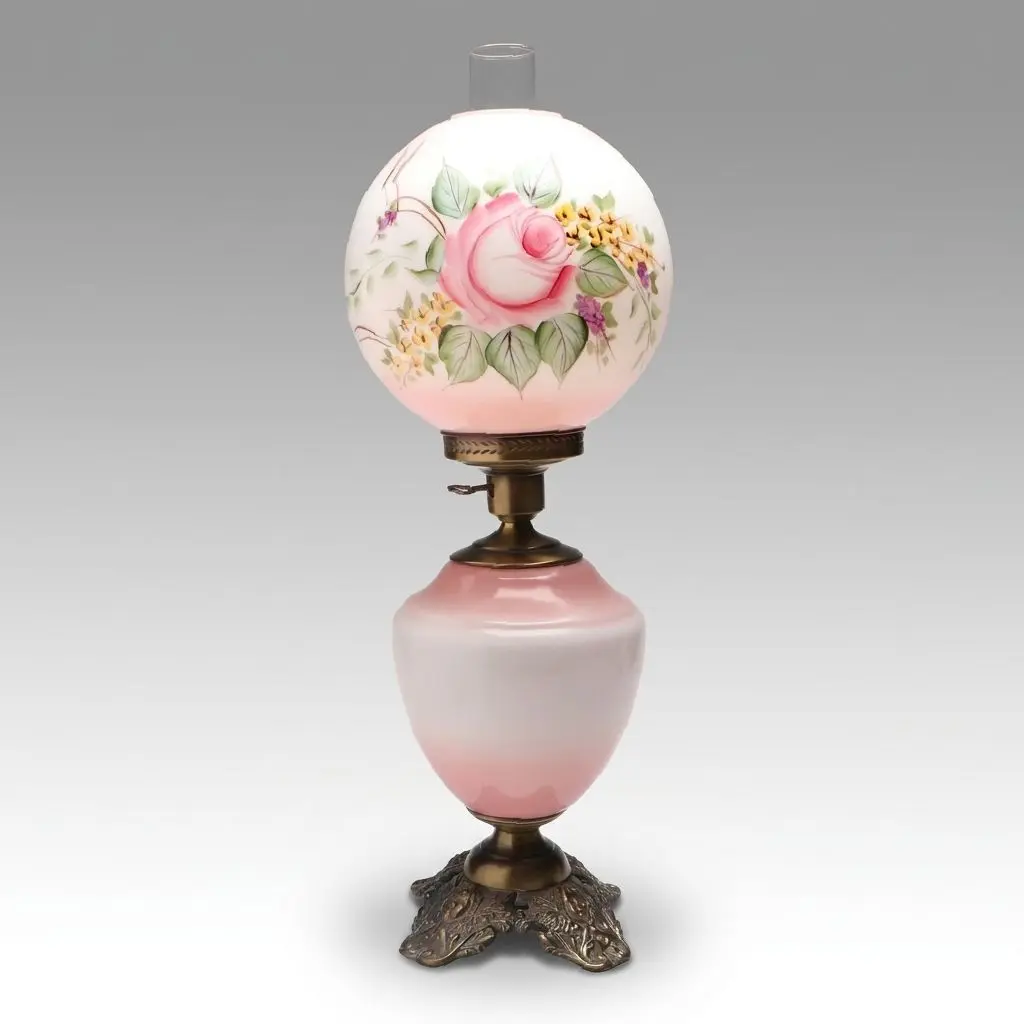 Victorian Style Hand-Painted Rose Milk Glass Parlor Lamp, Vintage