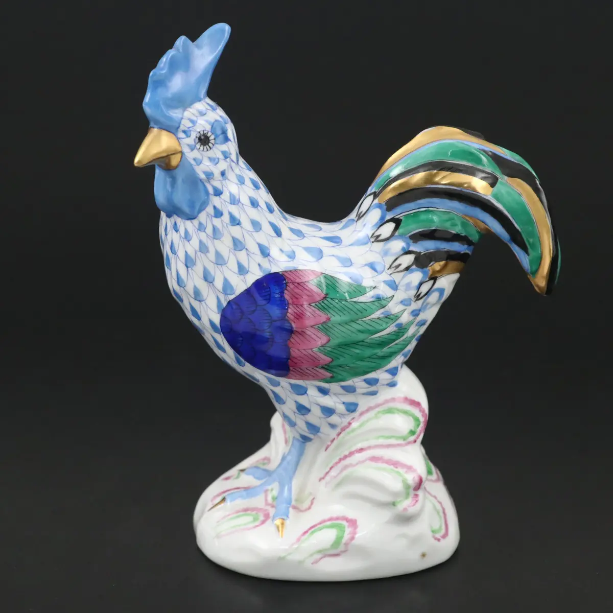 Herend Blue Fishnet with Gold “Rooster” Porcelain Figurine