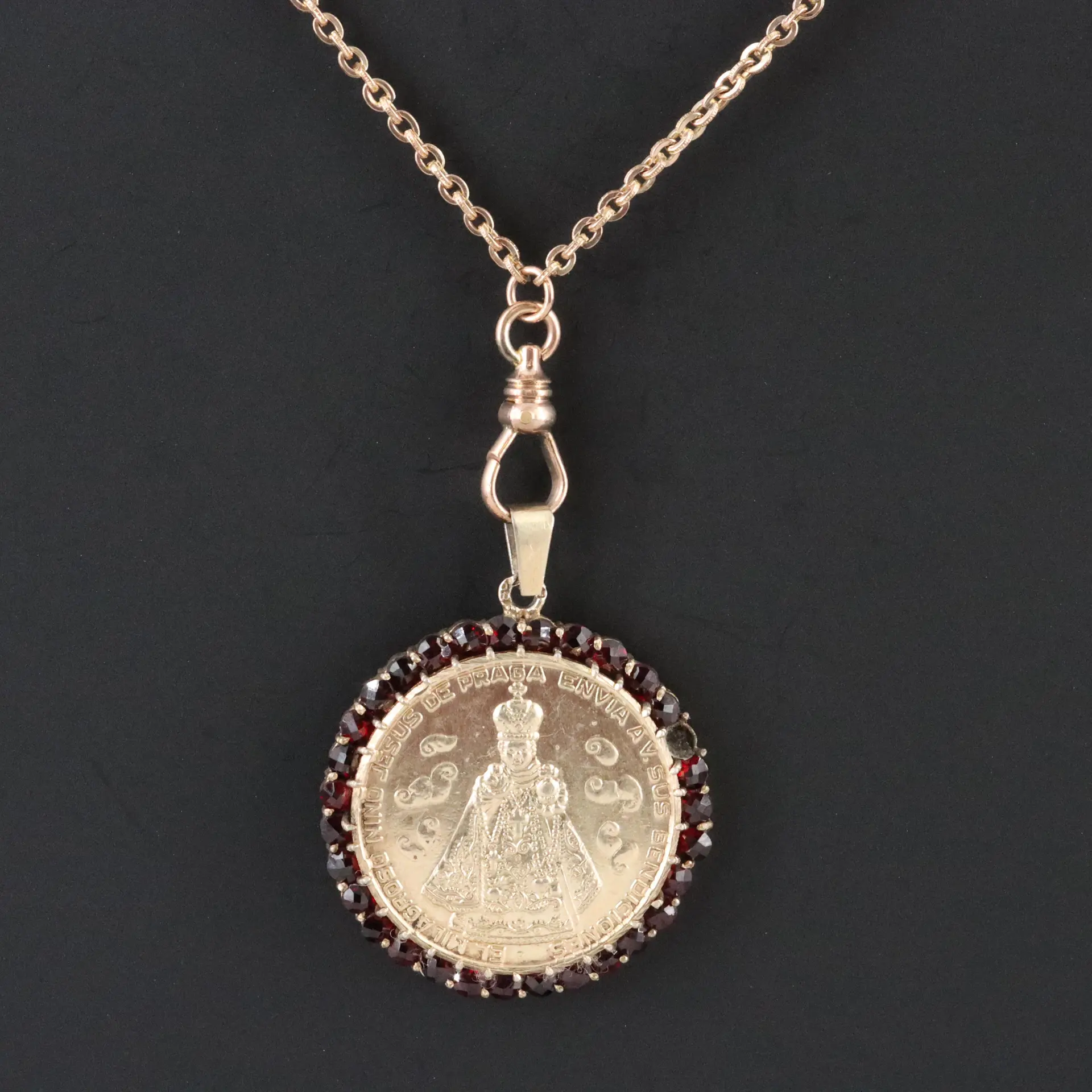 Infant Jesus of Prague Garnet Pendant on Antique Watch Chain with Opal Slide
