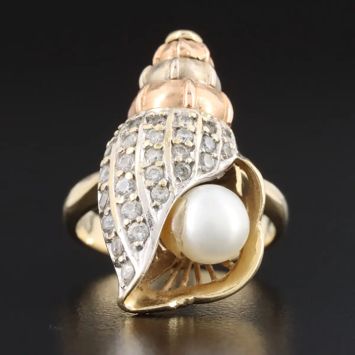 14K Tri-Color Articulated Pearl and CZ Shell Ring