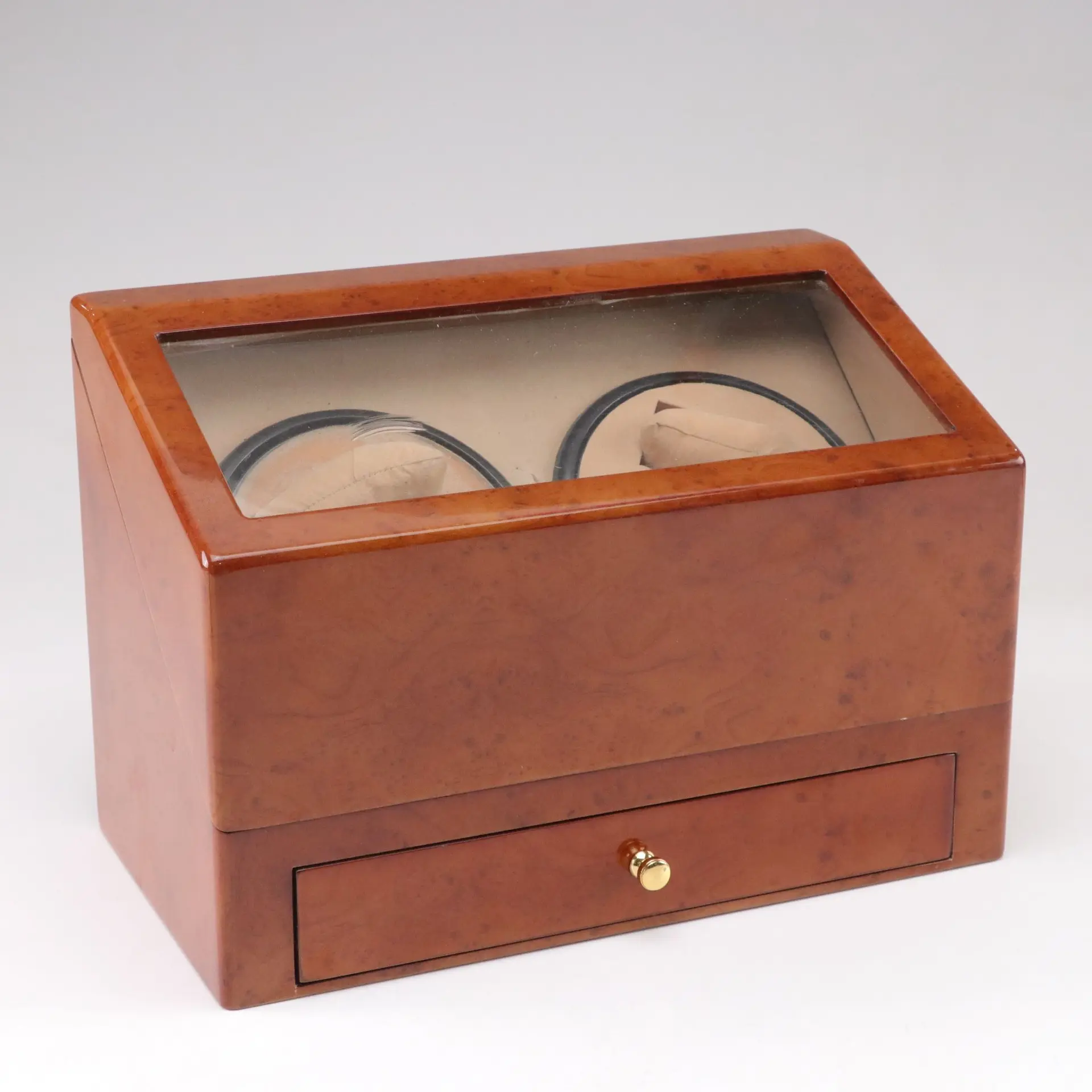 Burl Veneer Automatic Watch Winder Box with Storage Drawer