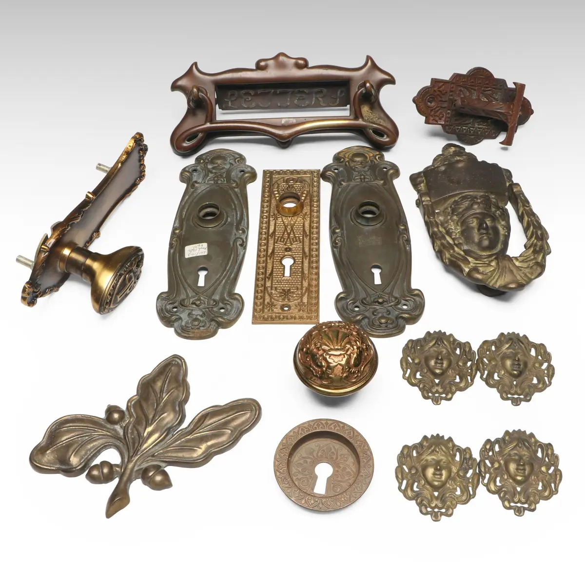 Art Nouveau Door Plates with Figural Bronze Door Knocker and More Hardware
