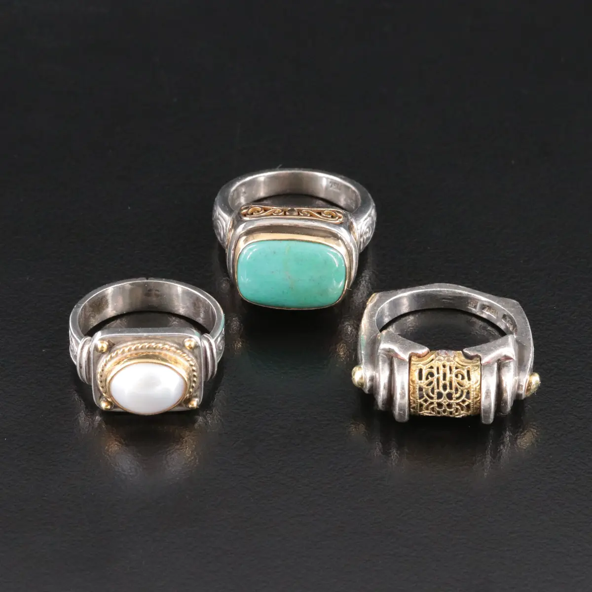 Sterling Pearl, Turquoise and Filigree Rings with 18K Accents
