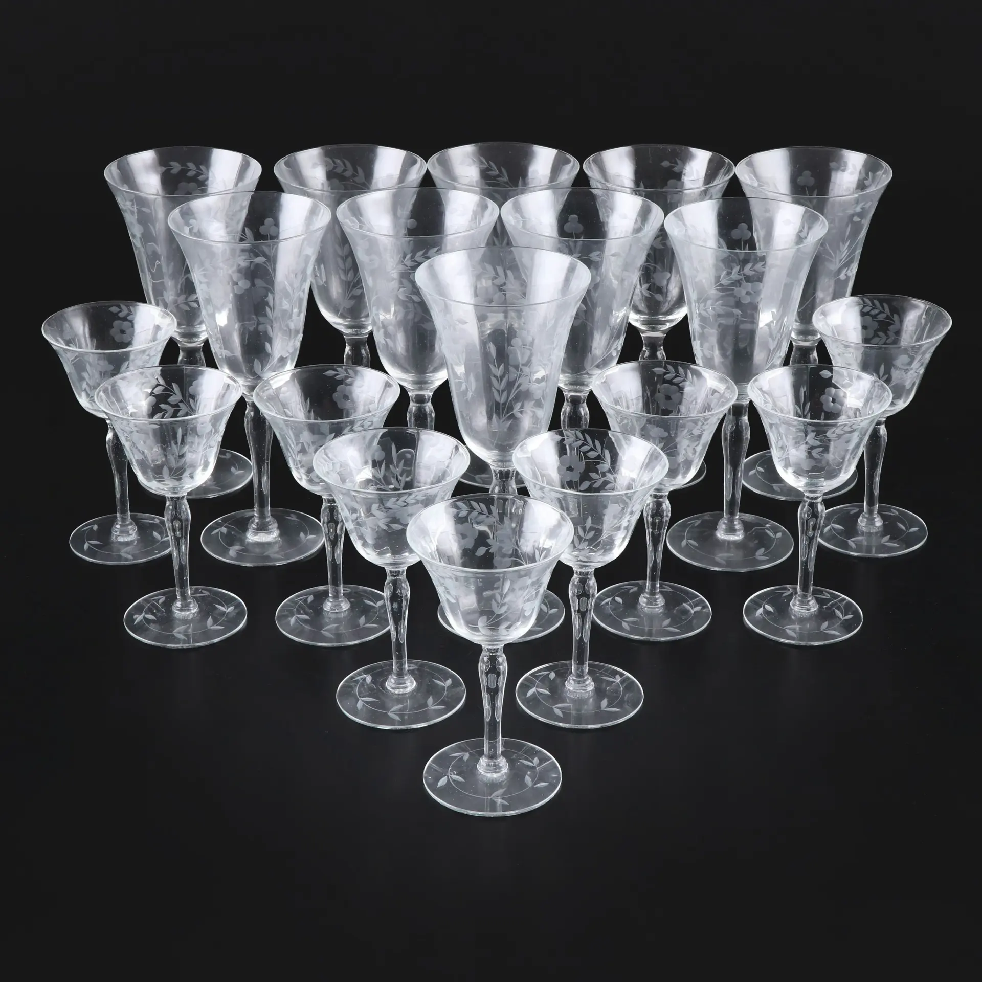 Floral Etched Glass Water Goblets and Cordial Glasses, Vintage