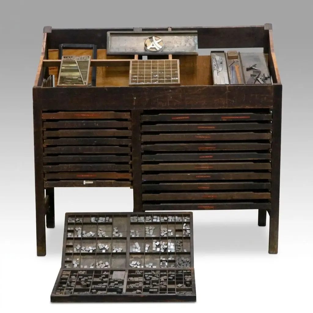 Antique Industrial Letterpress Cabinet with Lead Type and Printing Tools