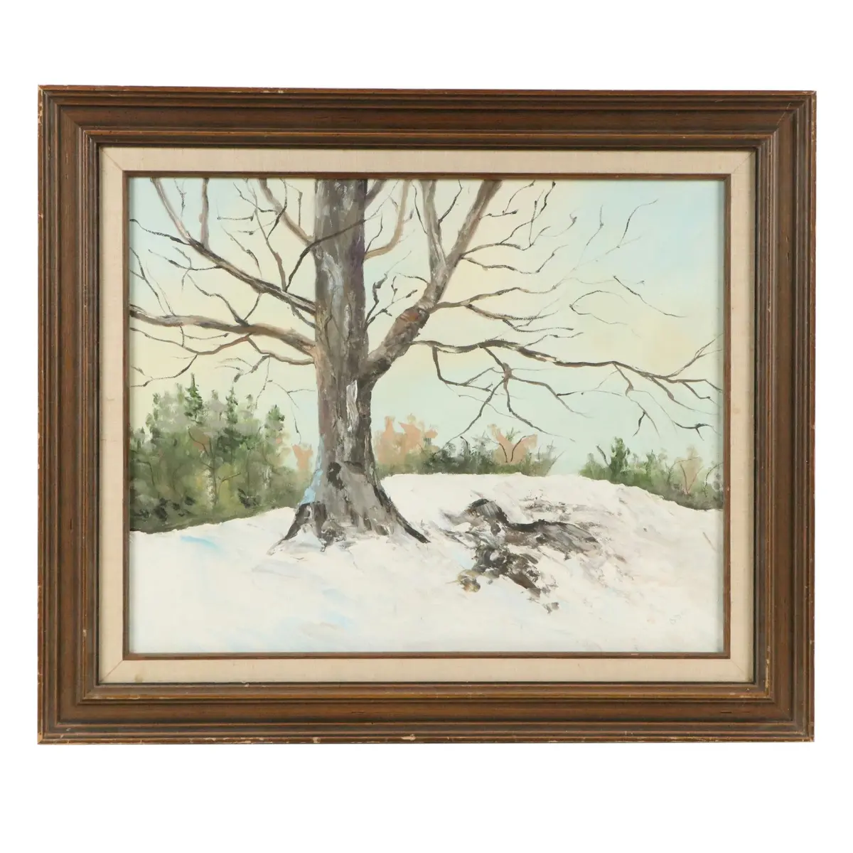 Oil Painting of Winter Landscape with Tree, 1984