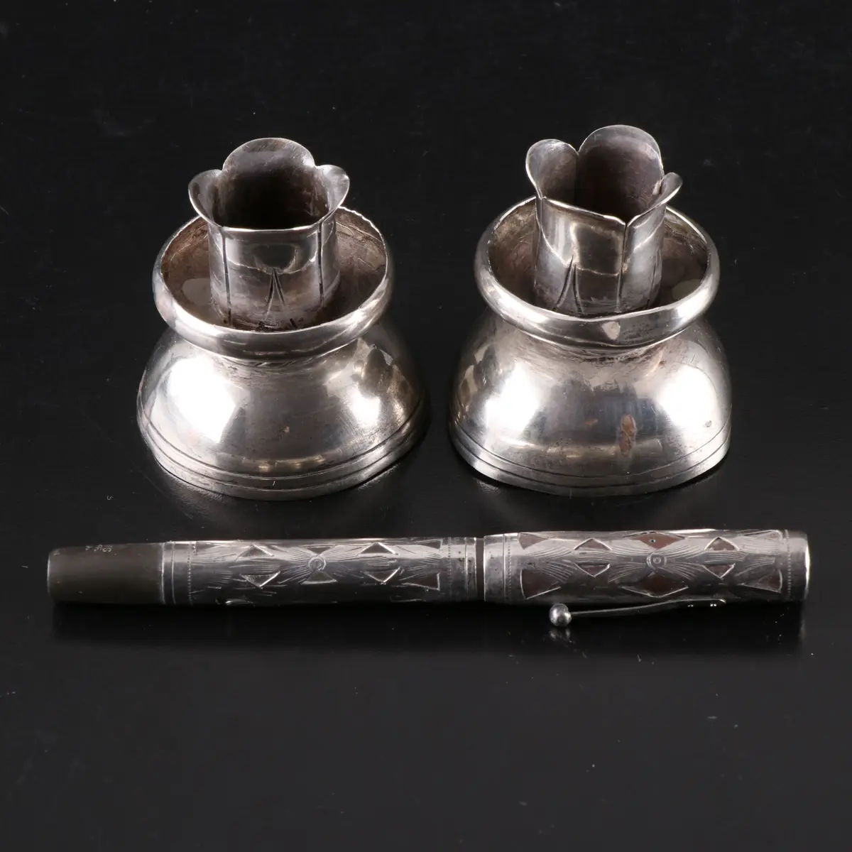 Mexican Flower-Shaped Sterling Silver Candlesticks with Waterman Fountain Pen
