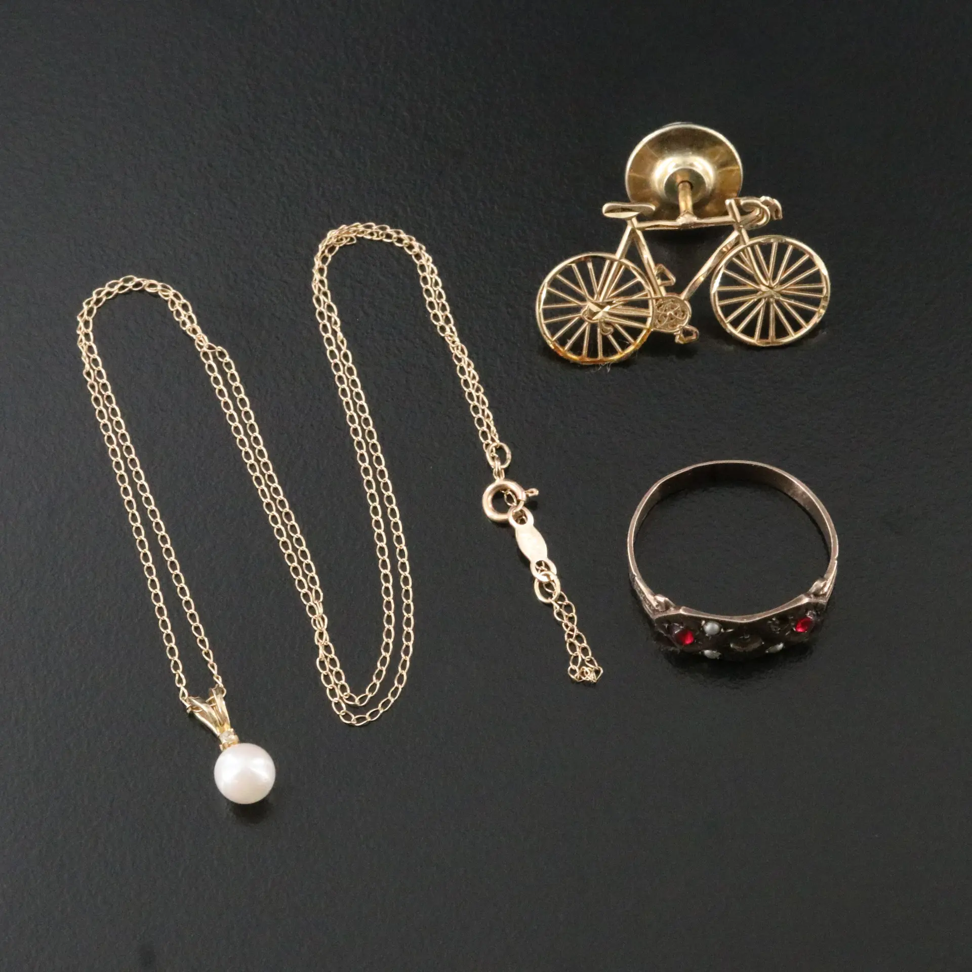 14K Michael Anthony Bicycle Pin, Pearl and Diamond Necklace & 10K