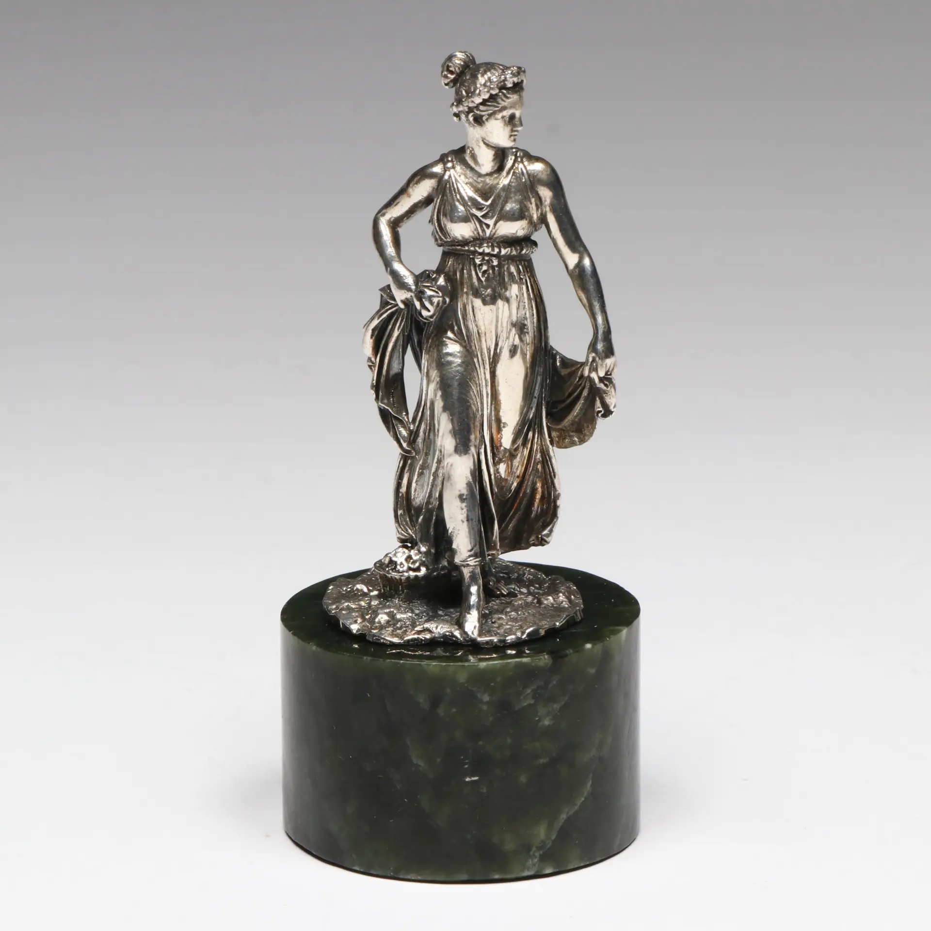 European Style 900 Silver Roman Lady Figurine on Malachite Base, 20th Century