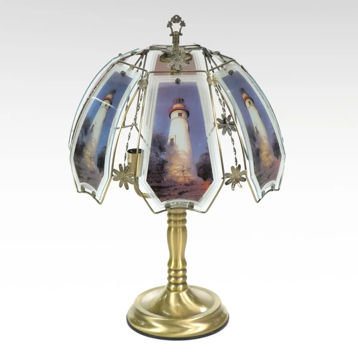 Brass Finish Touch Table Lamp with Six-Panel Glass Lighthouse Shade