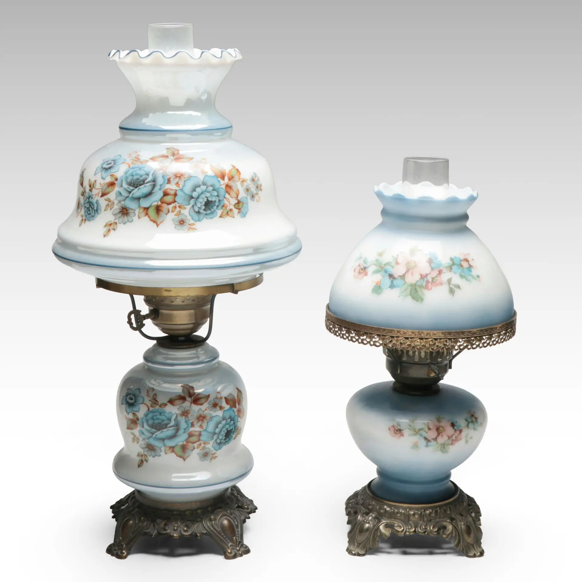 Victorian Style Milk Glass Parlor Lamps, Mid to Late 20th C.
