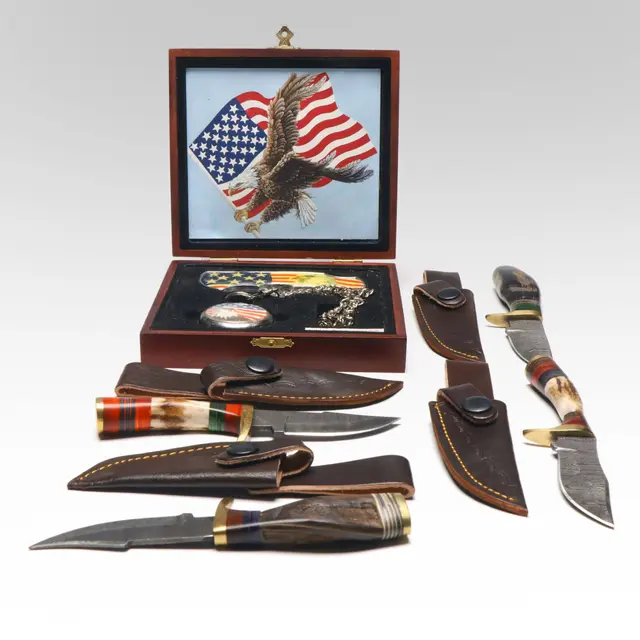 Steel and Antler Handled Skinner Knives with Patriotic Knife and Pocket Watch
