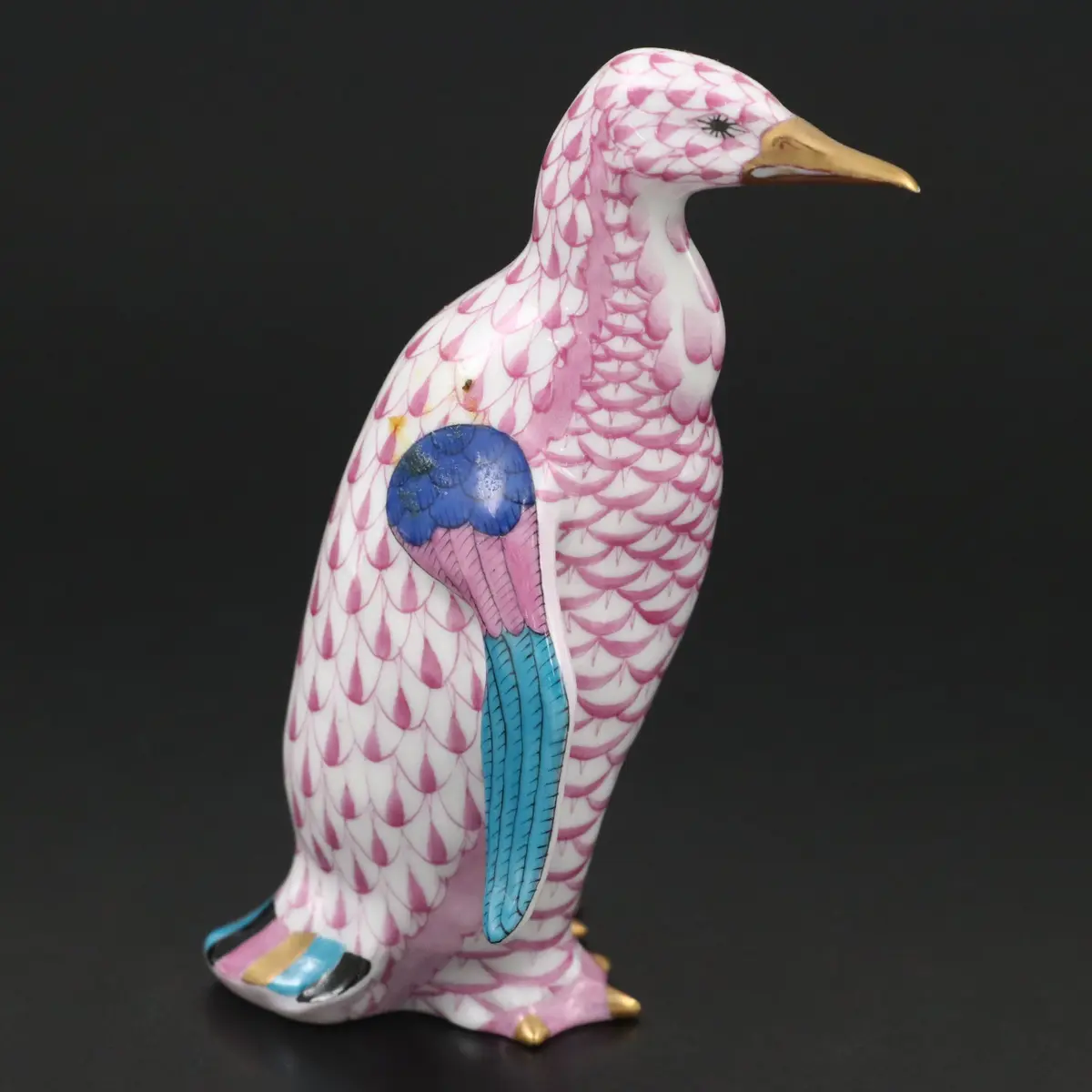 Herend Raspberry Fishnet with Gold “Penguin” Porcelain Figurine