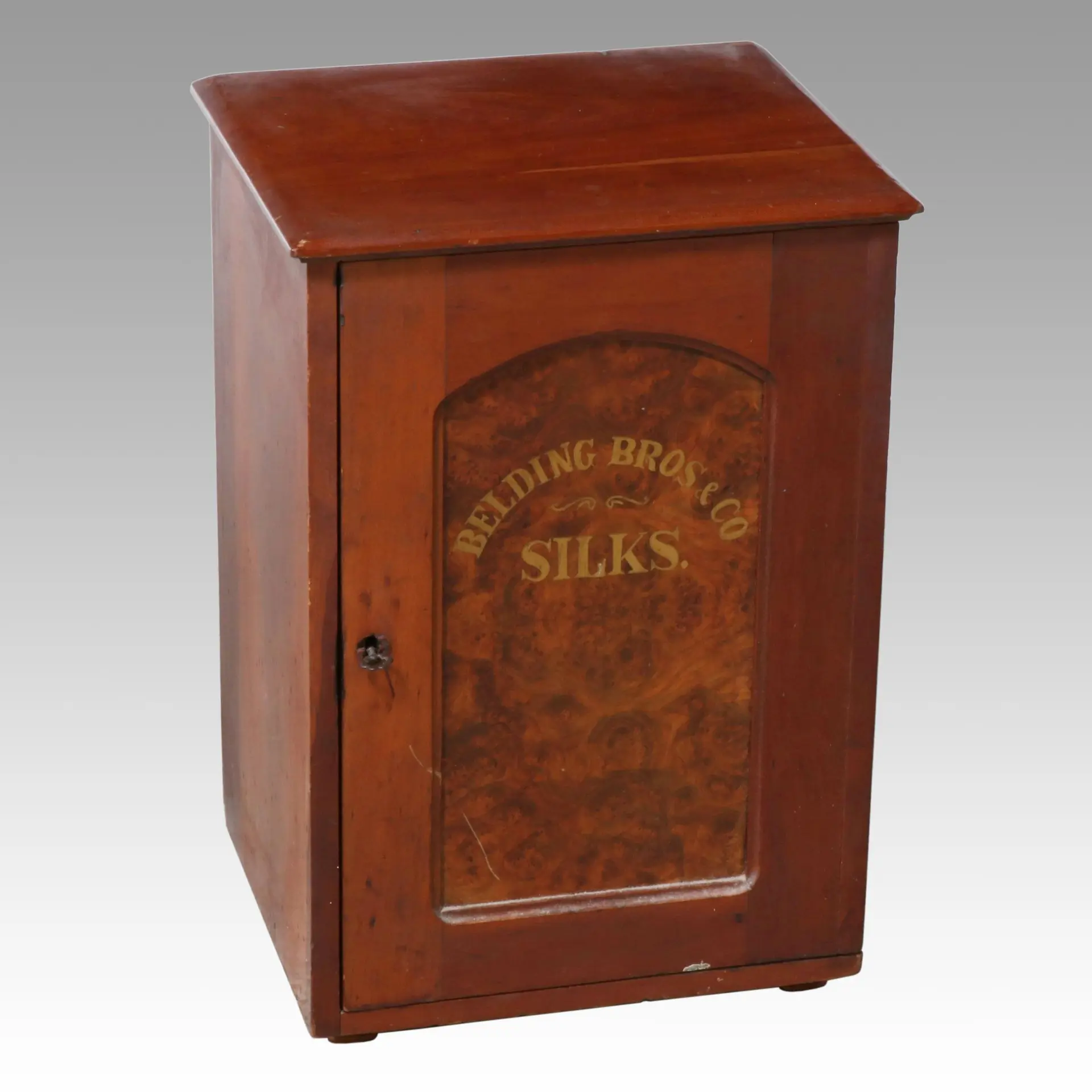 Belding Bros. & Co Silks Cherry and Burl Wood Spool Cabinet, Antique