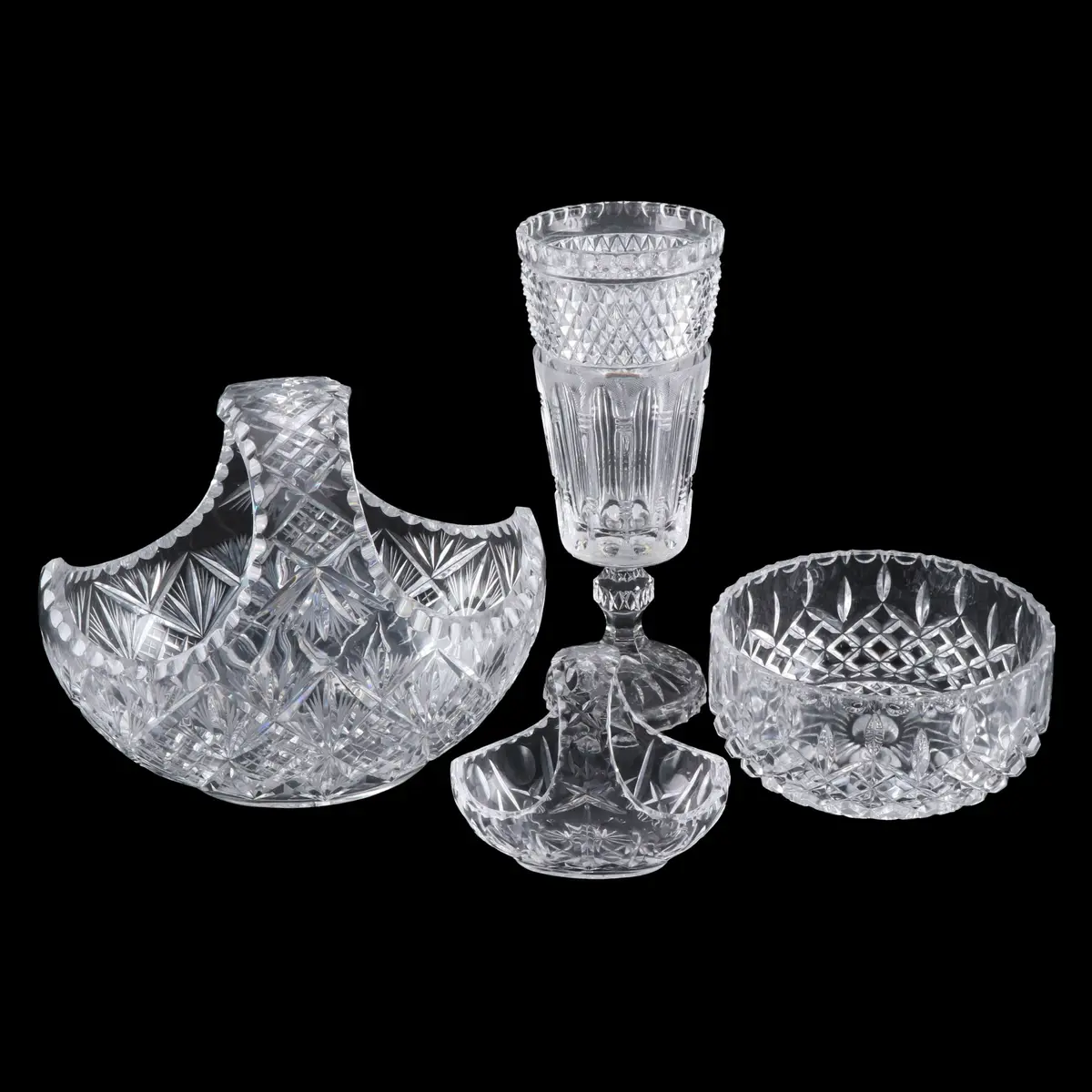 Bohemian Cut Crystal Baskets with Glass Bowl and Footed Vase