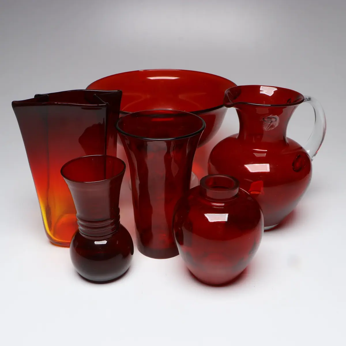 Blenko "Paper Bag" Vase with Red Glass Vases, Pitcher and Compote