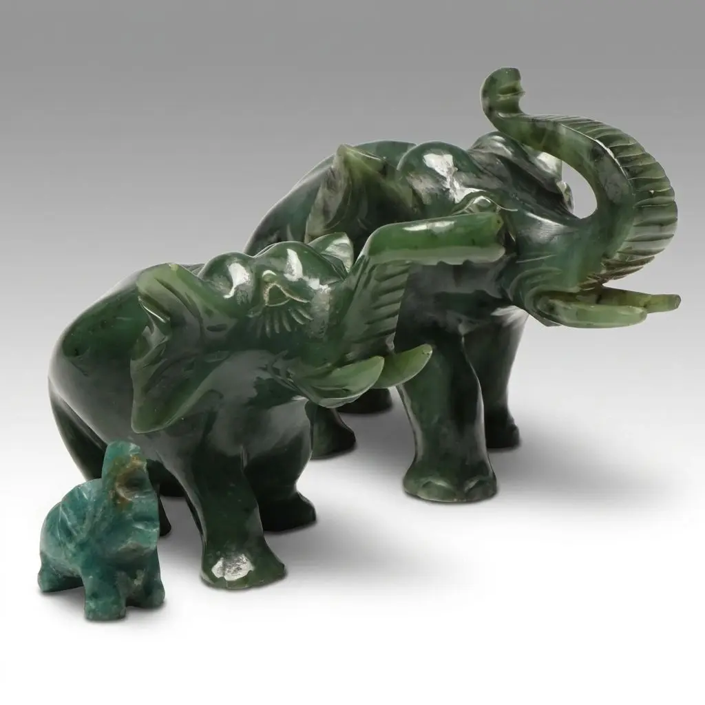East Asian Hand-Carved Nephrite Elephant Figures with Aventurine Figure