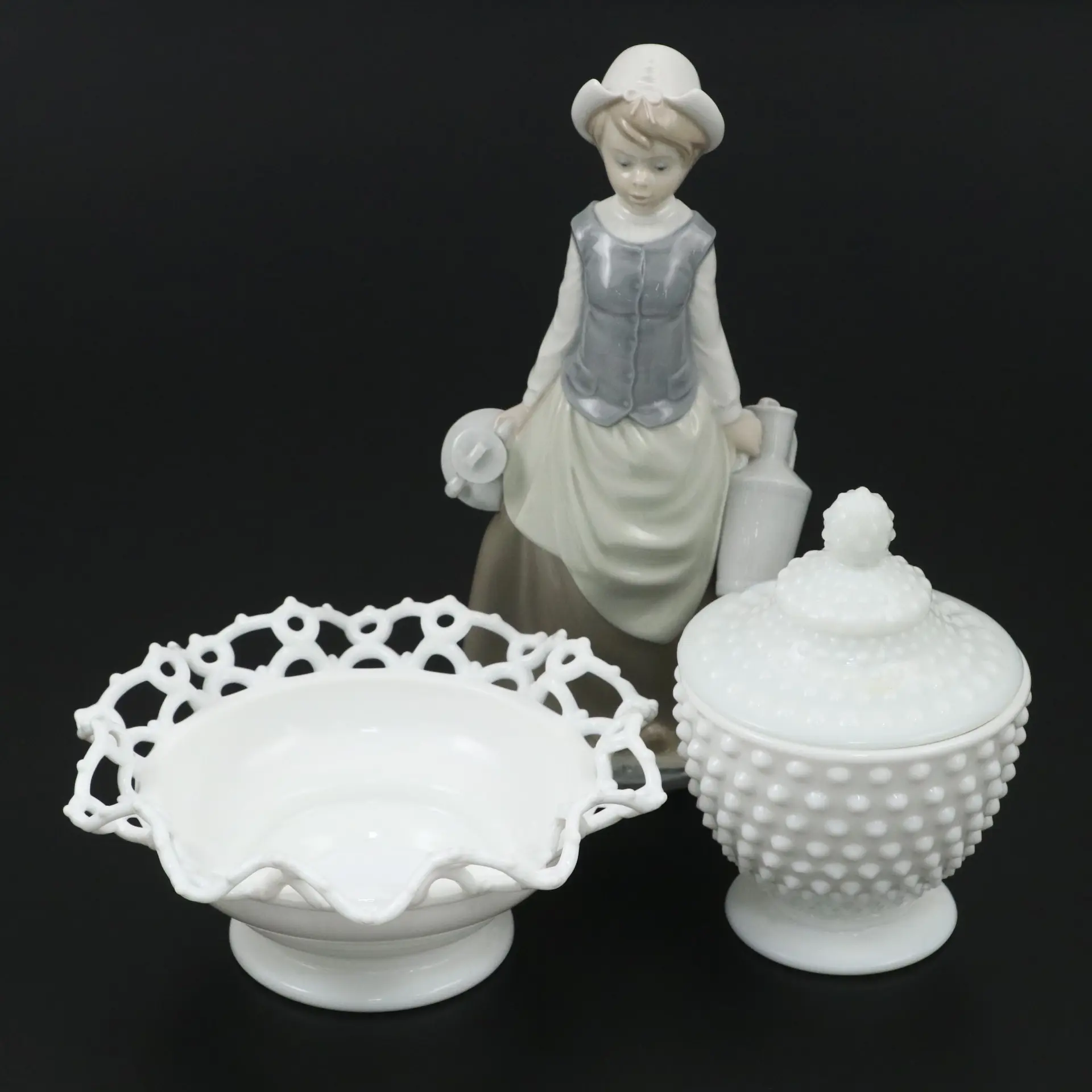Lladró "Milk Maid" Porcelain Figurine with Other Milk Glass Bowl and Lidded Jar