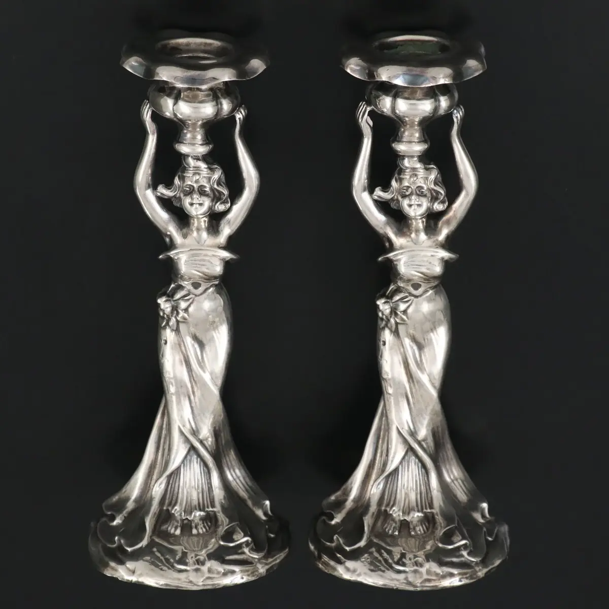 Art Nouveau Style Silver Tone Metal Figural Candlesticks