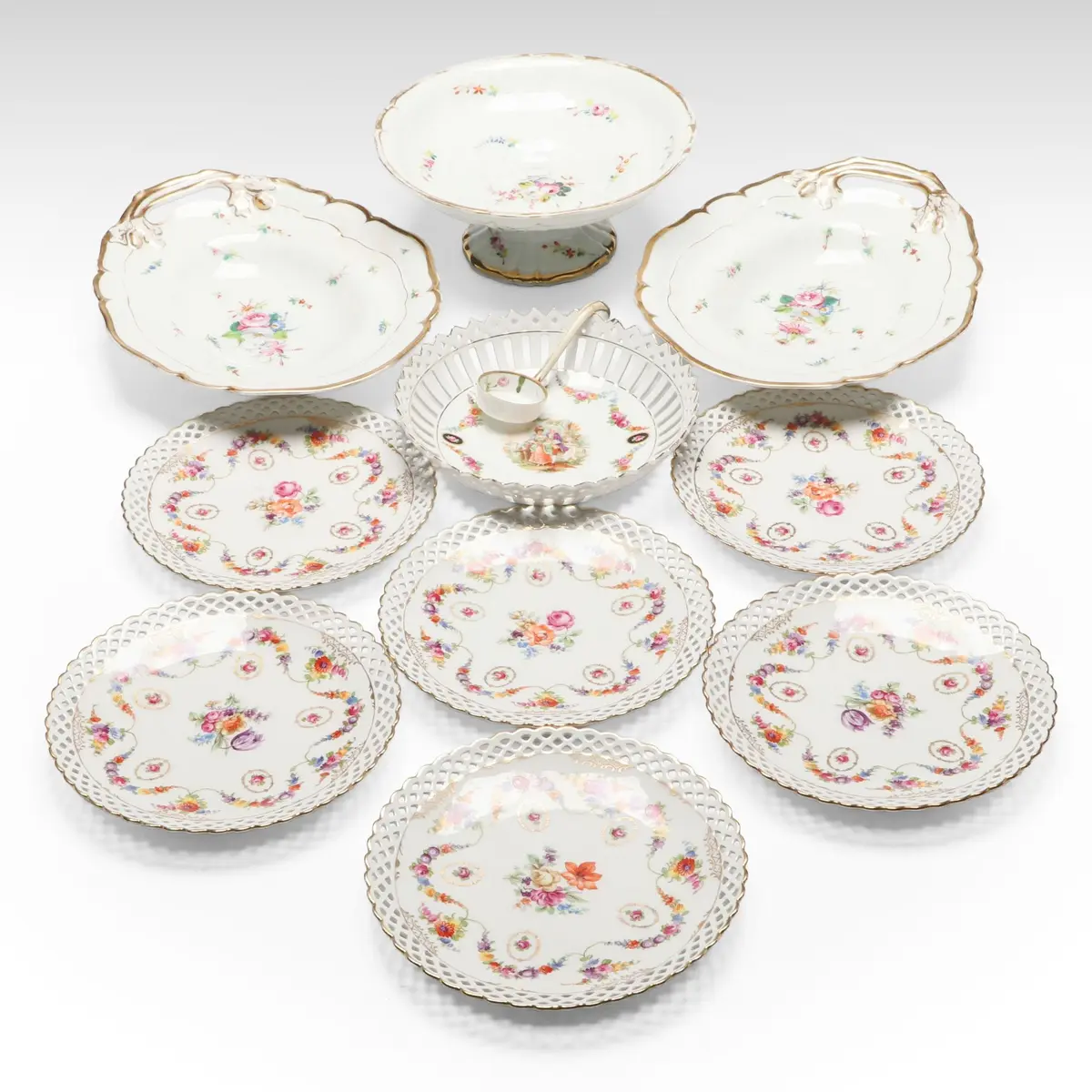 Schumann Reticulated Porcelain Plates with Old Pairs and Other Serving Pieces
