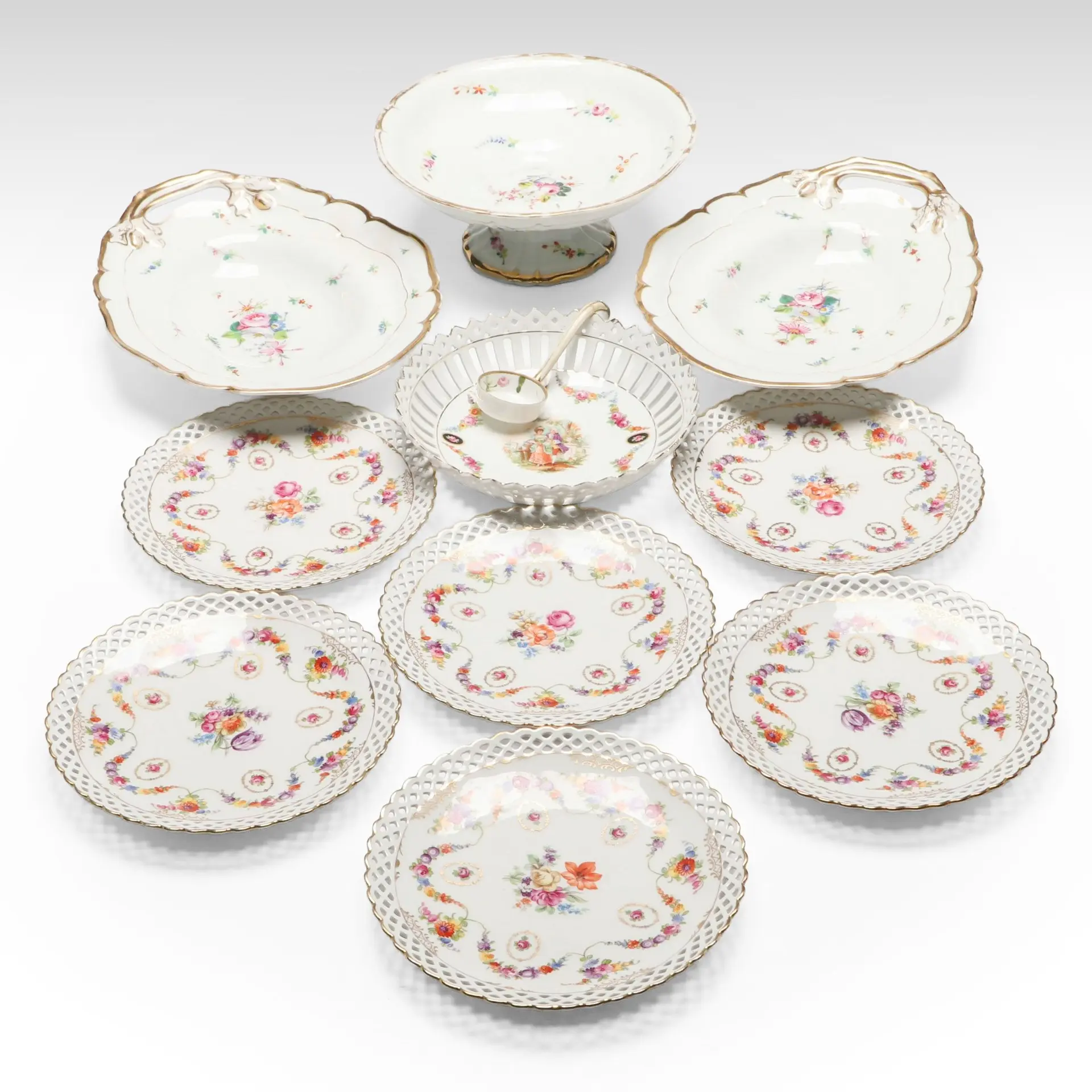 Schumann Reticulated Porcelain Plates with Old Pairs and Other Serving Pieces