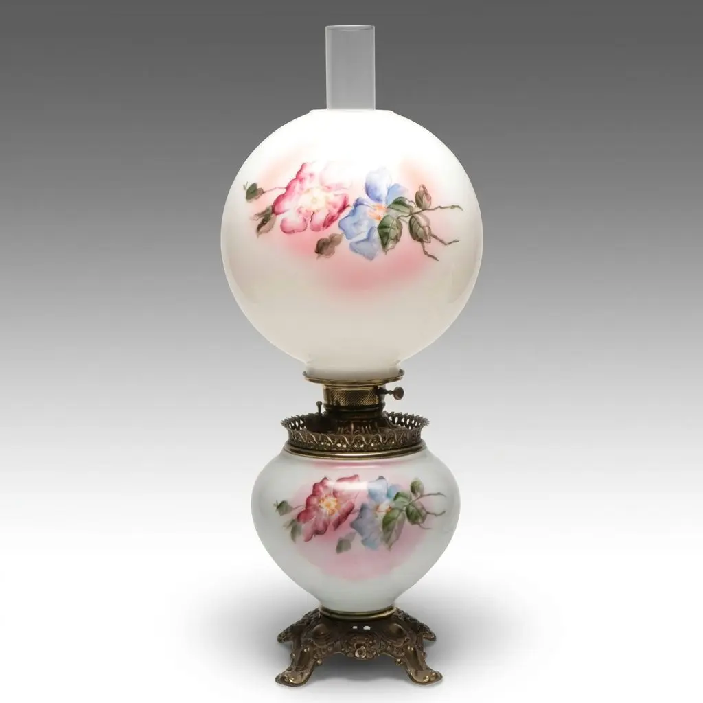 Victorian Style Hand-Painted Milk Glass Parlor Oil Lamp, Adapted