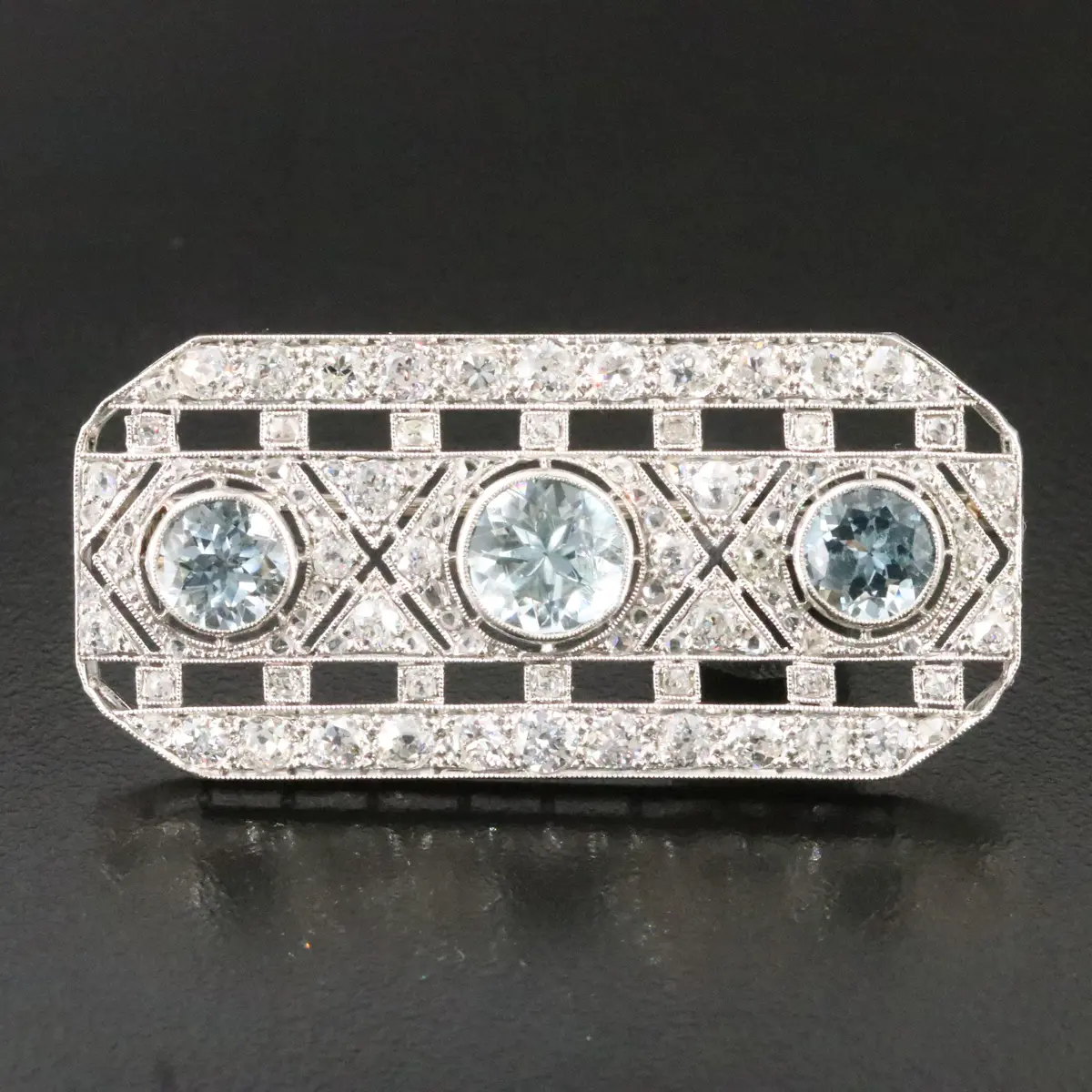 French Art Deco Platinum Aquamarine and 2.34 CTW Diamond Rectangular Brooch