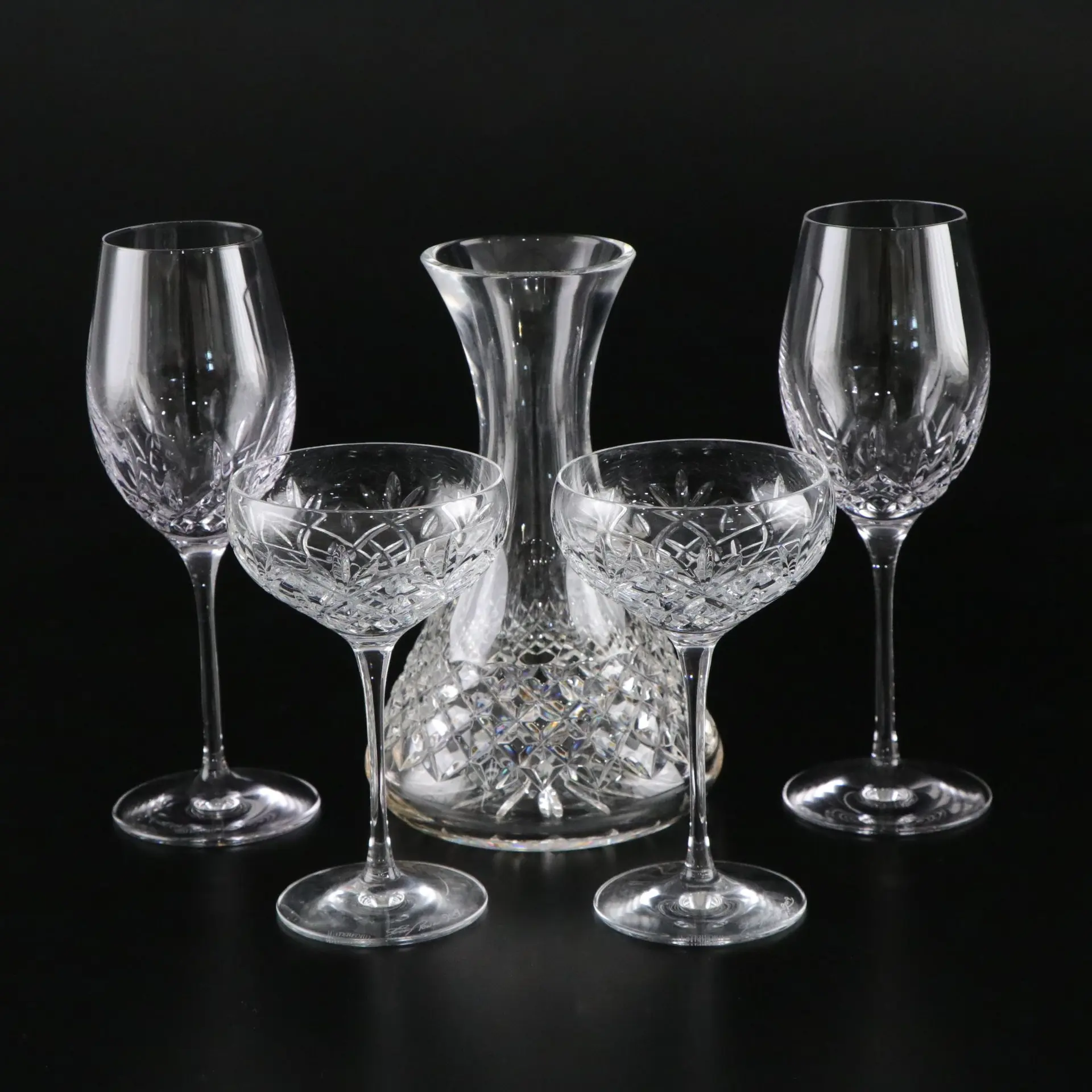 Tom Power Signed Waterford Crystal Tall Coupes, Carafe & "Lismore" Wine Glasses