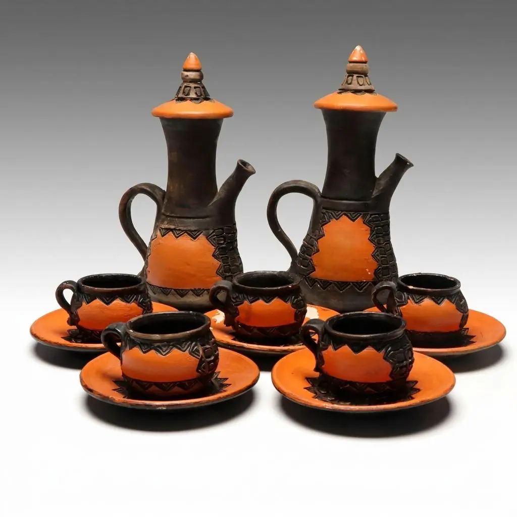 Vintage Brutalist Style Wheel-Thrown Ceramic Coffee Pots, Cups and Saucers