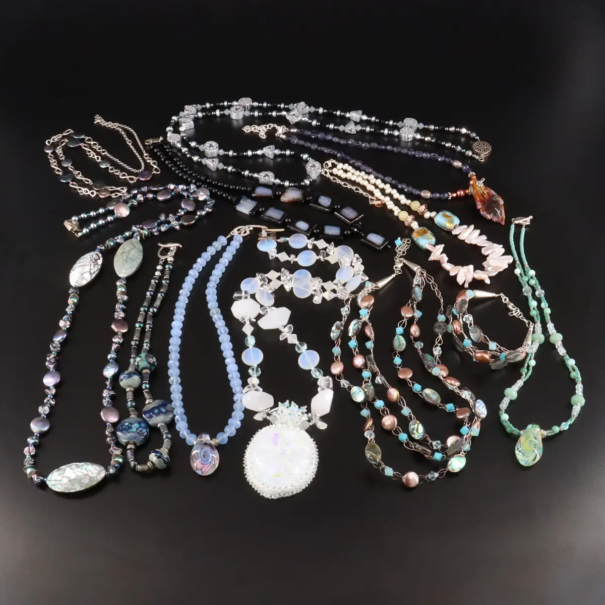 Sterling Necklaces & Bracelet Including Abalone, Iolite, Agate & Art Glass