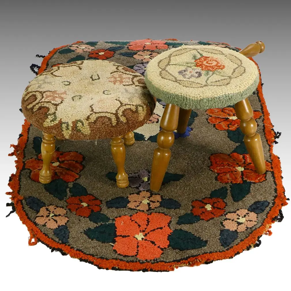 Handmade Hooked Floral Accent Rug with Two Footstools, 20th Century