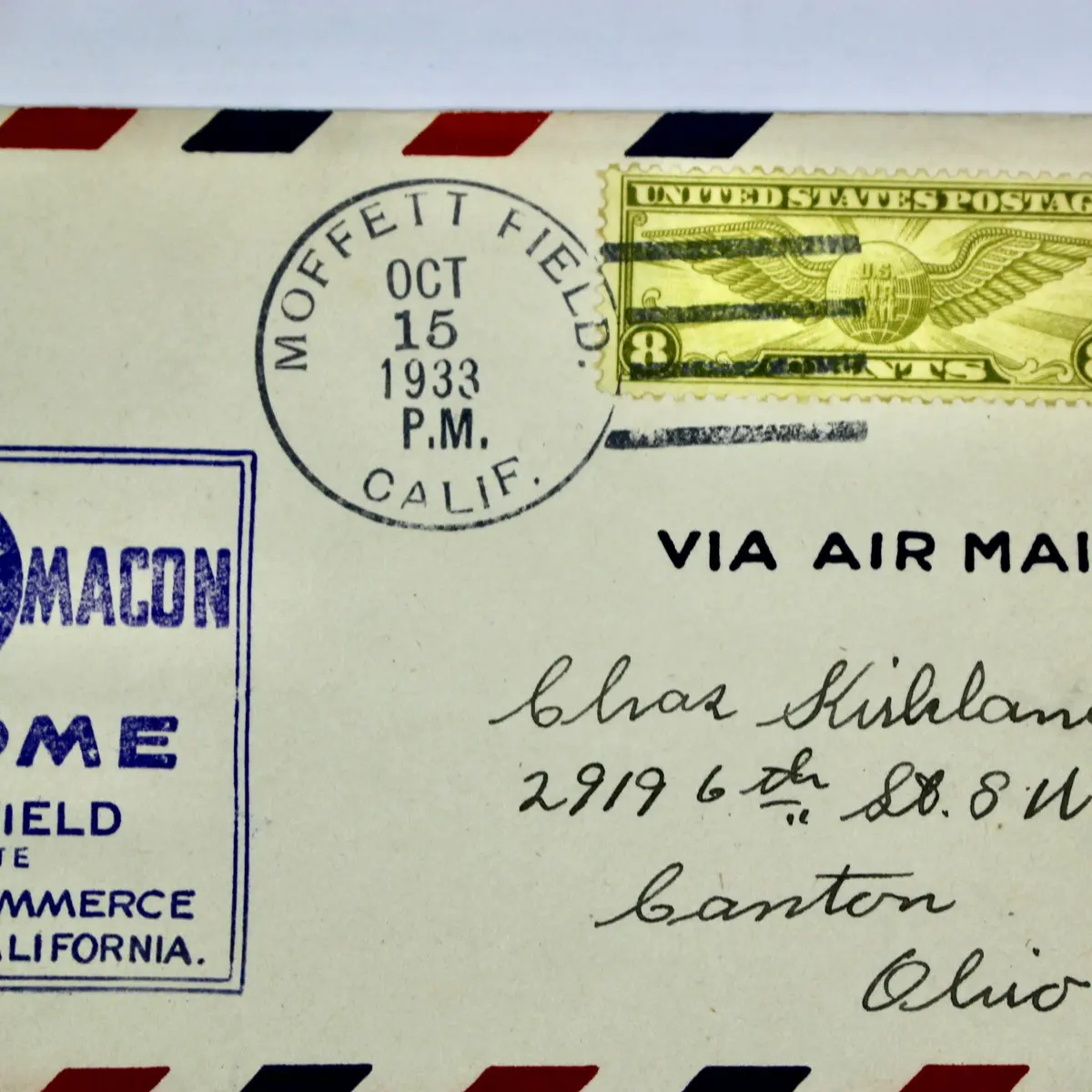 1933 Zeppelin Postal Cover, USS Macon, Moffett Field