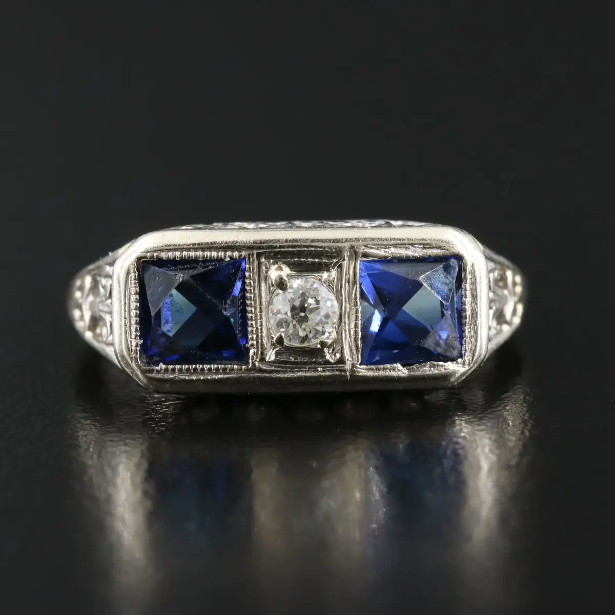 Art Deco 18K Sapphire and Diamond Ring with Scrolled Setting