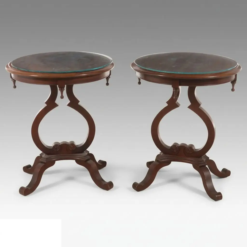 Pair of Empire Style Cherrywood SideTables with Glass Tops, 20th Century