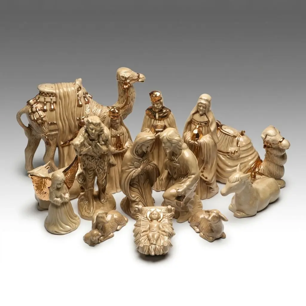 Hand Decorated Gilt Ceramic Nativity Figures, Vintage