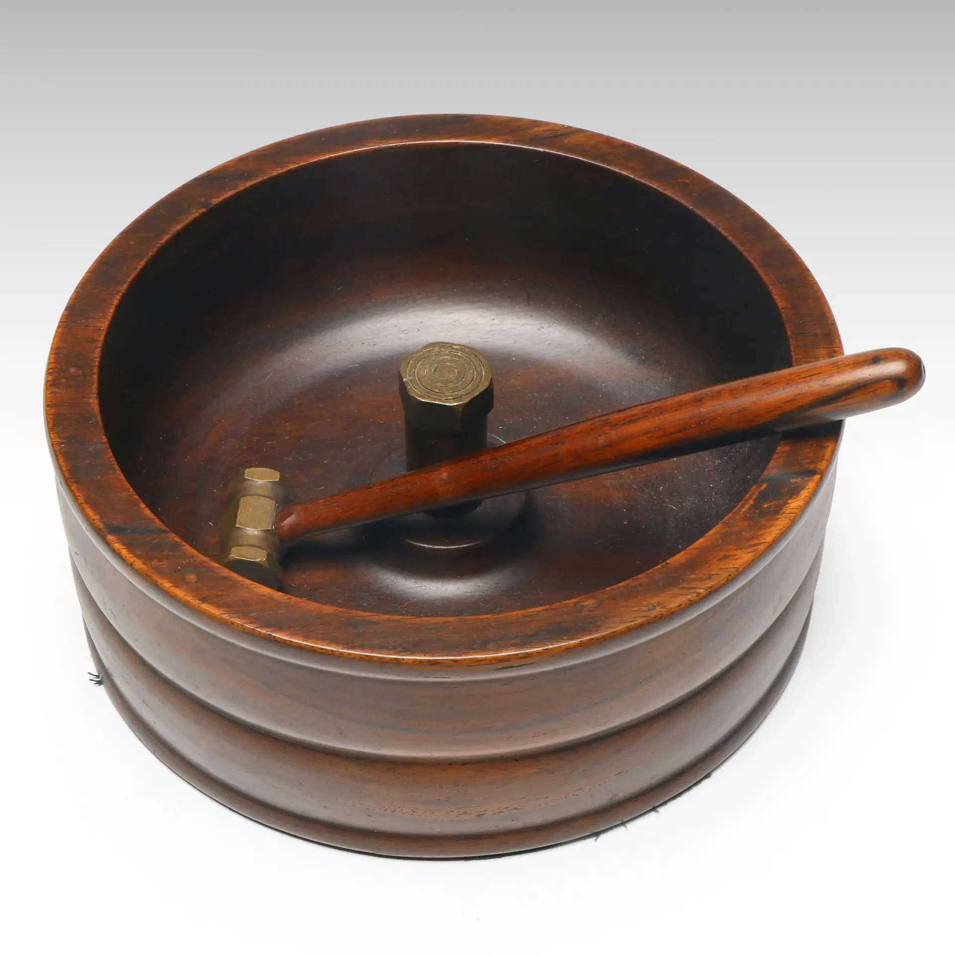 Carved Wooden Nut Bowl with Mallet, Vintage